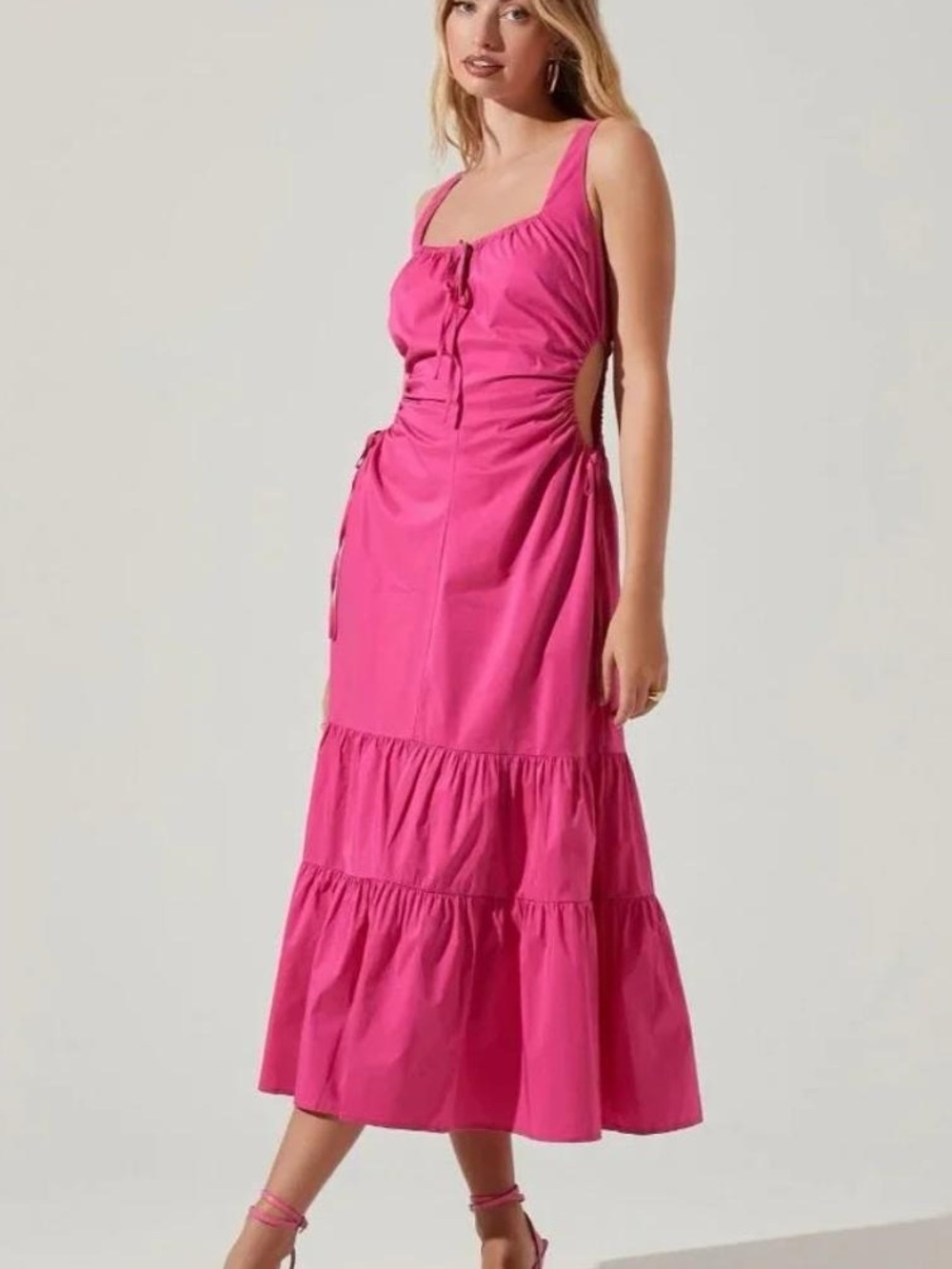 Astr Hot Pink Tiered Midi Dress with Side Cutouts